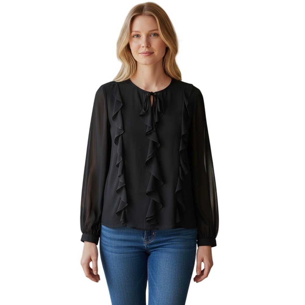 Anne Klein Women Black Ruffle Front Tie Neck Chiffon Blouse XL 50042339-3QK
